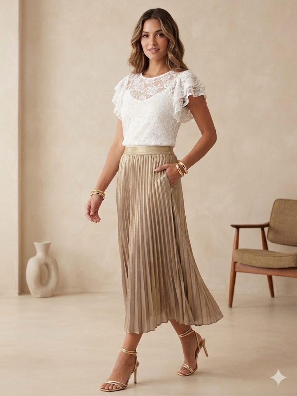 Ever New Metallic Pleated Midi Skirt in Gold - Picture 10 of 10